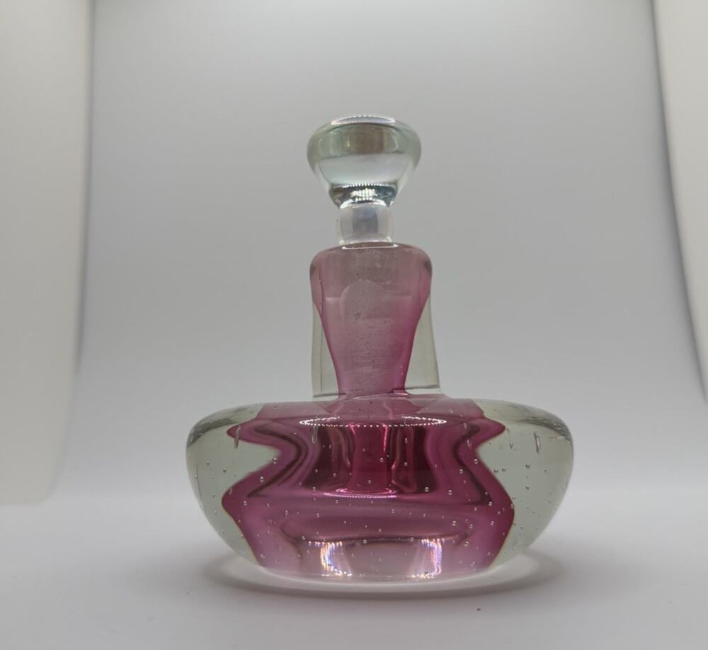 Vintage Hand Blown Art Glass Perfume Bottle Pink Clear Controlled Bubbles